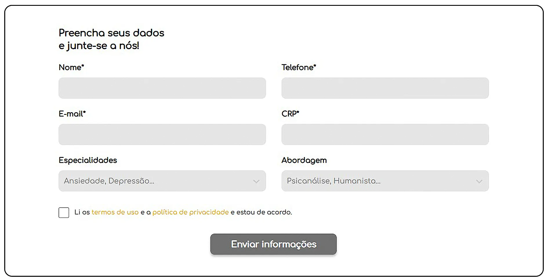 Formulário de cadastro de psicólogo na PsyMeet